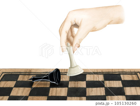 Chess player hand making move with white queen to checkmate black king watercolor illustration isolated on white background for board game designs Chess player hand making move with white queen to checkmate black king watercolor illustration isolated on white background for board game designs 105130260