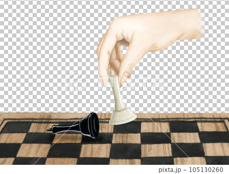 Chess player hand making move with white queen to checkmate black king watercolor illustration isolated on white background for board game designs 105130260