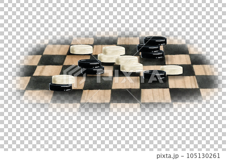 White and black stacks of checkers on chess board watercolor isolated illustration. Intellectual board game for club flyers, brochures White and black stacks of checkers on chess board watercolor isolated illustration. Intellectual board game for club flyers, brochures 105130261