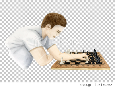 Chess player making move with white pawn illustration isolated on white background. Hand drawn man playing board game template 105130262