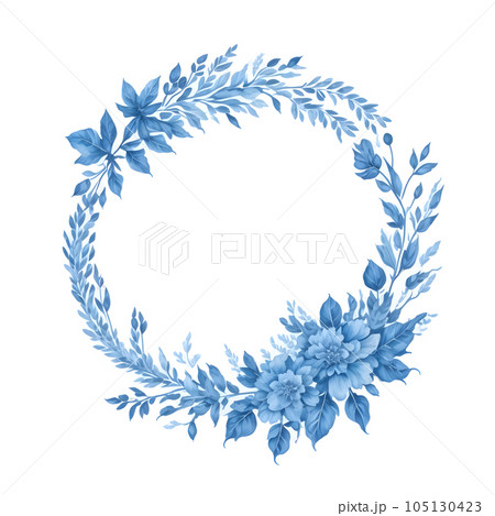 Watercolor wreath of blue flower and leaves,generative ai 105130423