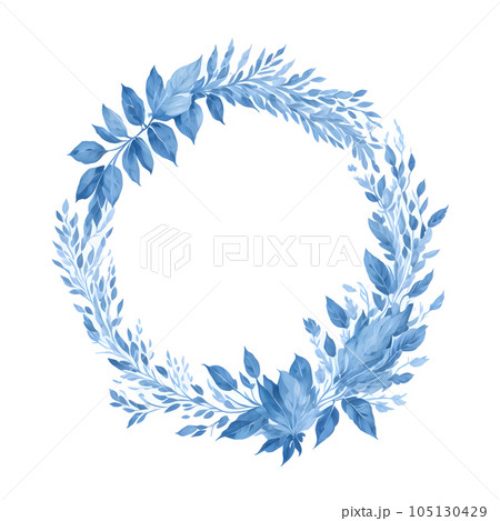 Watercolor wreath of blue flower and leaves,generative ai 105130429