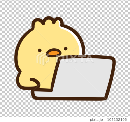 Hand drawn illustration of a cute chick character doing computer work Hand drawn illustration of a cute chick character doing computer work 105132196