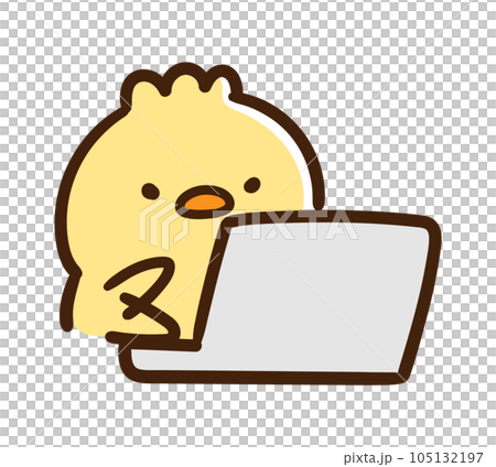 手繪插圖一個可愛的小雞角色拼命敲擊鍵盤 手繪插圖一個可愛的小雞角色拼命敲擊鍵盤 105132197