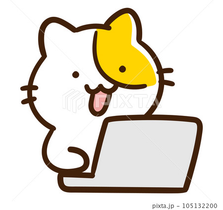 パソコン作業をするかわいいねこのキャラクターの手書きイラスト 105132200