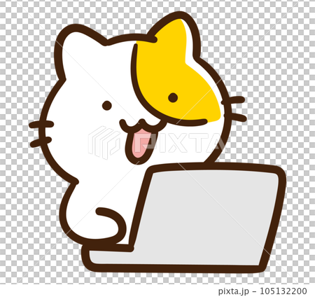 パソコン作業をするかわいいねこのキャラクターの手書きイラスト 105132200