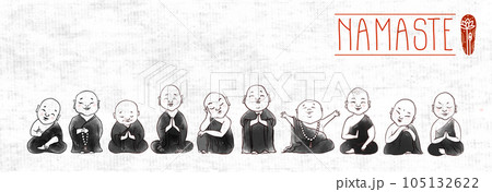 Cute buddhist monks hand drawn with ink on rice paper background. Traditional oriental ink painting sumi-e, u-sin, go-hua on rice paper background. Illustration with Jizo japanese deity. 105132622
