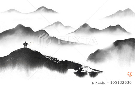 Ink wash painting with landscape in chinese style with pagoda temple and misty mountains. Traditional Japanese ink wash painting sumi-e. Translation of hieroglyph - well-being 105132630