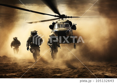 A group of special forces soldiers run towards the camera in front of a helicopter in the sandy dust. 105132643