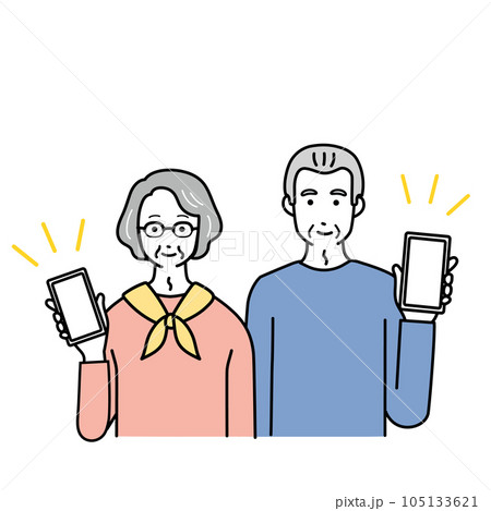 スマートフォンとシニア男女のシンプルなイラスト 105133621