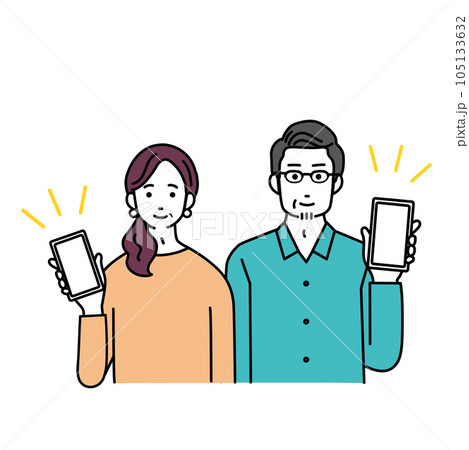 スマートフォンを操作する中高年男女のシンプルなイラスト 105133632