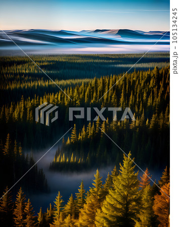 ethereal forest with fog birds eye view. 105134245
