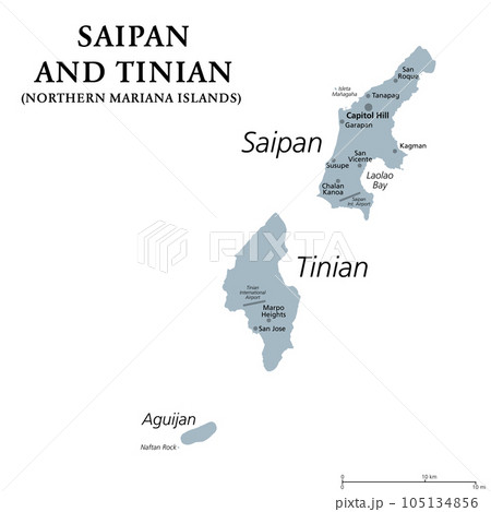 Saipan and Tinian, Northern Mariana Islands, gray political map. Islands of the Mariana Archipelago. Unincorporated territory and commonwealth of United States with administrative center Capitol Hill. Saipan and Tinian, Northern Mariana Islands, gray political map. Islands of the Mariana Archipelago. Unincorporated territory and commonwealth of United States with administrative center Capitol Hill. 105134856