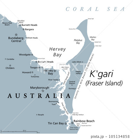 Kgari, formerly Fraser Island, gray political map. Worlds largest sand island along the coast of Queensland, Australia, with 75-Mile-Beach. Inhabited for at least 5000 years by Aboriginal Australians. Kgari, formerly Fraser Island, gray political map. Worlds largest sand island along the coast of Queensland, Australia, with 75-Mile-Beach. Inhabited for at least 5000 years by Aboriginal Australians. 105134858