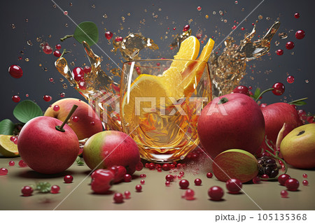 Glass of juice with fruits and berries on the table. Drink splash of sweet organic cocktail. Generated AI. Glass of juice with fruits and berries on the table. Drink splash of sweet organic cocktail. Generated AI. 105135368