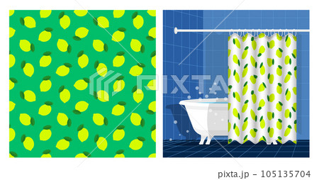Bathroom interior with bathtub and curtain decorated seamless pattern with whole lemon and leaves. Harvesting citrus fruits. Vector illustration, ornament for design of posters and printing on fabrics 105135704