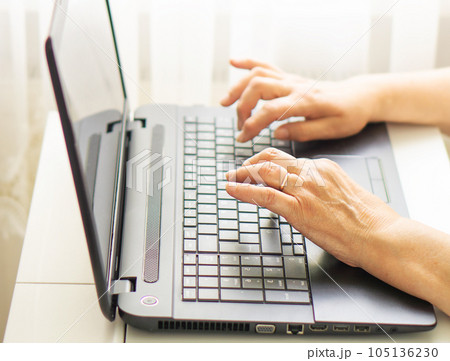 Close up of female hands typing on keyboard laptop. Business, education and programming concept. 105136230