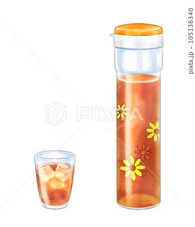 水彩で描いた、レトロな花柄の麦茶ポットとグラスに入った麦茶 105136340