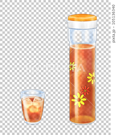 水彩で描いた、レトロな花柄の麦茶ポットとグラスに入った麦茶 105136340