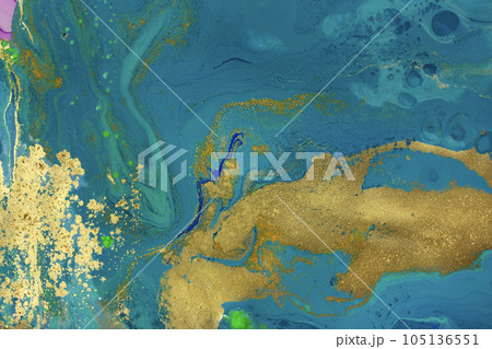Yellow Gold Dust on Liquid Blue Ink Background. 105136551