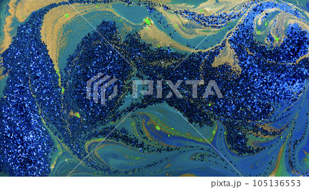 Blue and Gold Glitter on Liquid Blue Ink Background. 105136553