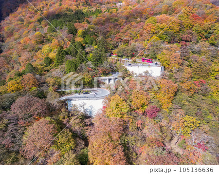 空撮「栃木県」紅葉した日光の山々の風景 空撮「栃木県」紅葉した日光の山々の風景 105136636