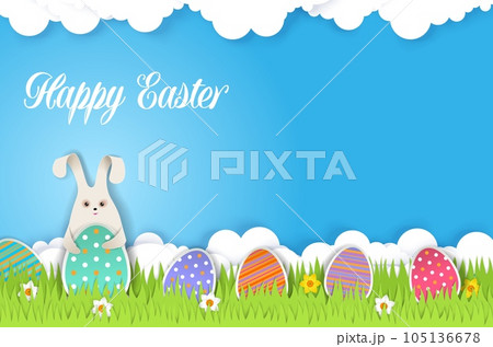 Happy Easter greeting card template, vector illustration in paper art style 105136678