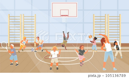 Cartoon kids at school sport gym vector 105136789