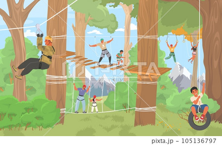 Rope adventure park flat vector extreme recreation Rope adventure park flat vector extreme recreation 105136797