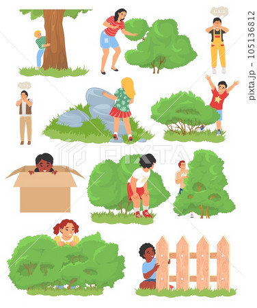 Kids playing hide and seek vector set Kids playing hide and seek vector set 105136812