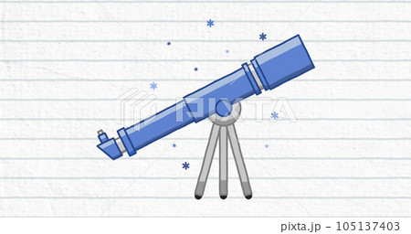 Image of telescope and star icons against white lined paper background 105137403