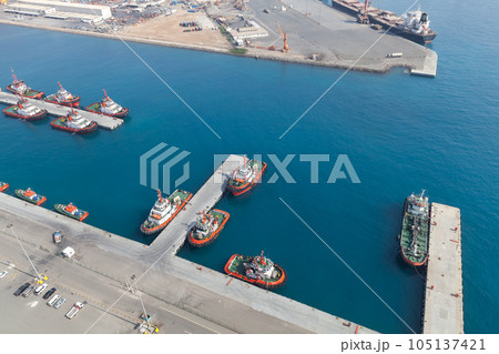 Fleet of tug boats of Jeddah Islamic Seaport, aerial photo 105137421