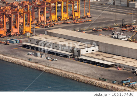 Jeddah Islamic Seaport aerial view with gantry cranes 105137436