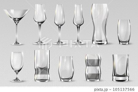 Alcohol glasses set. Transparent empty realistic mockup stemware for different drinks. Vector illustration 105137566