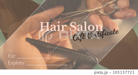 Composition of gift certificate text over hands of biracial female hairdresser giving cutting hair Composition of gift certificate text over hands of biracial female hairdresser giving cutting hair 105137721