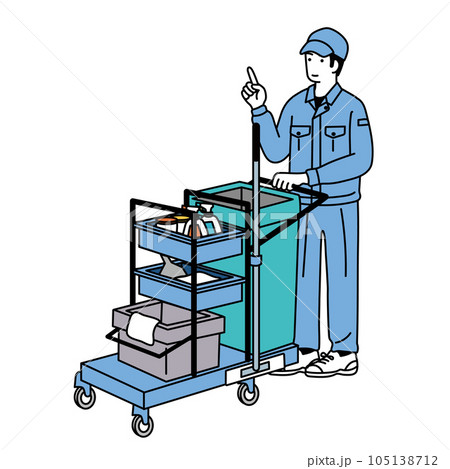 掃除用カートを持つ清掃員の男性のイラスト 105138712
