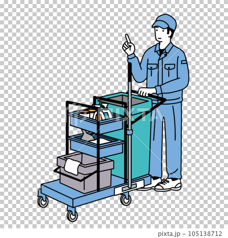 掃除用カートを持つ清掃員の男性のイラスト 105138712