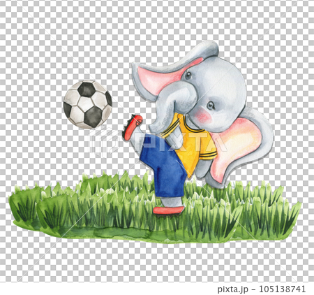 Elephant football player watercolor composition. Watercolor hand drawn illustration. Design for baby shower party, birthday, cake, holiday celebration design , post cards. 105138741