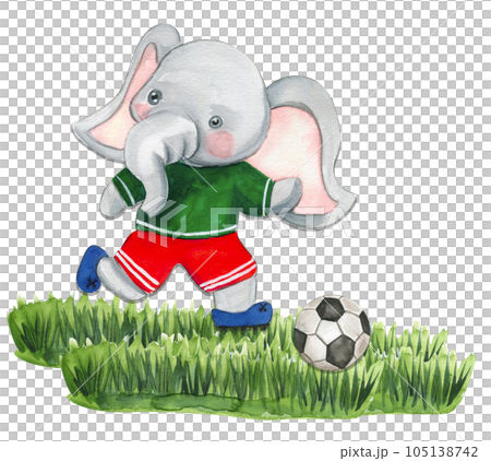 Elephant football player watercolor composition. Watercolor hand drawn illustration. Design for baby shower party, birthday, cake, holiday celebration design , post cards. 105138742