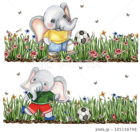 Elephant football player watercolor composition. Watercolor hand drawn illustration. Design for baby shower party, birthday, cake, holiday celebration design , post cards. 105138749