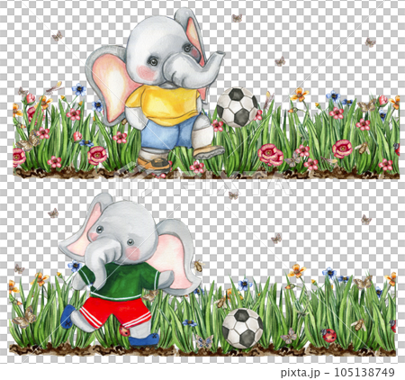 Elephant football player watercolor composition. Watercolor hand drawn illustration. Design for baby shower party, birthday, cake, holiday celebration design , post cards. 105138749