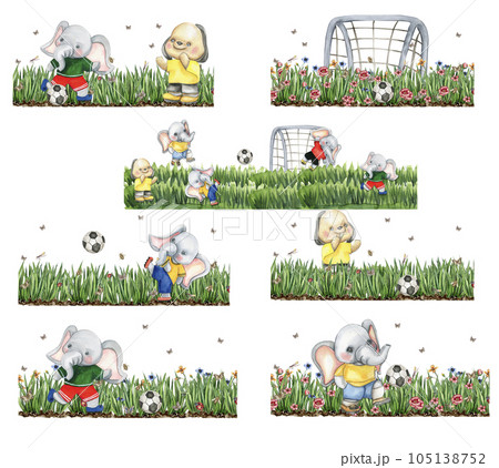 Elephant football player watercolor composition. Watercolor hand drawn illustration. Design for baby shower party, birthday, cake, holiday celebration design , post cards. 105138752