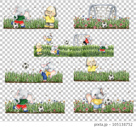 Elephant football player watercolor composition. Watercolor hand drawn illustration. Design for baby shower party, birthday, cake, holiday celebration design , post cards. 105138752