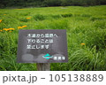 「木道から湿原へ下りることは禁止します」の看板 105138889