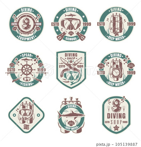 Diving school, shop, club vintage logo set, vector isolated illustration 105139887
