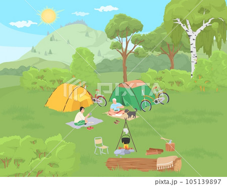 Camping vector old father and son rest in forest 105139897