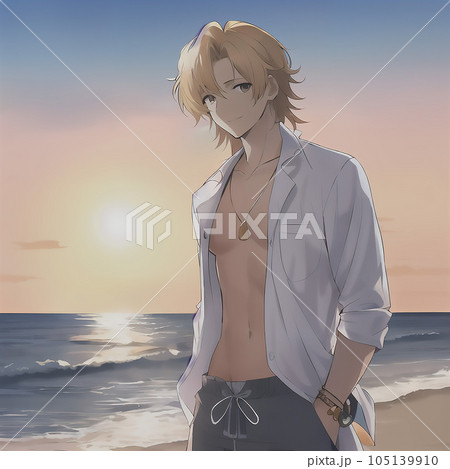 海を歩くイケメン男子「AI生成画像」 105139910