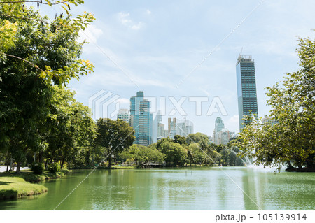 Lumpini Park green forest lake and buildings in Bangkok, Thailand Lumpini Park green forest lake and buildings in Bangkok, Thailand 105139914