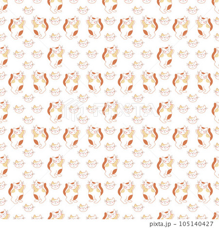 Seamless pattern with a cute cat, which asks for hands and a cat's muzzle. Doodle color vector illustration. Seamless pattern with a cute cat, which asks for hands and a cat's muzzle. Doodle color vector illustration. 105140427