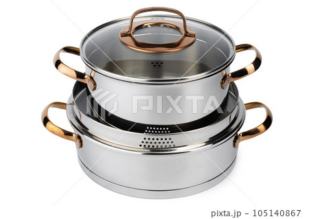 Set of new metal saucepans isolated on white Set of new metal saucepans isolated on white 105140867